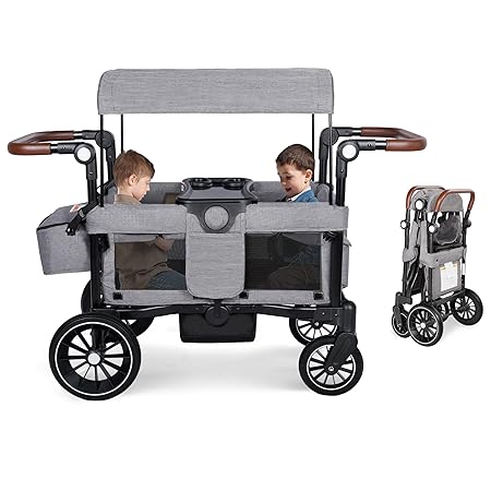 Foldable Wagon Stroller – All-Terrain Stroller for 2 Kids with Harnesses, Adjustable Double Push Handle, Convertible Baby Bassinet & Large Storage, Black